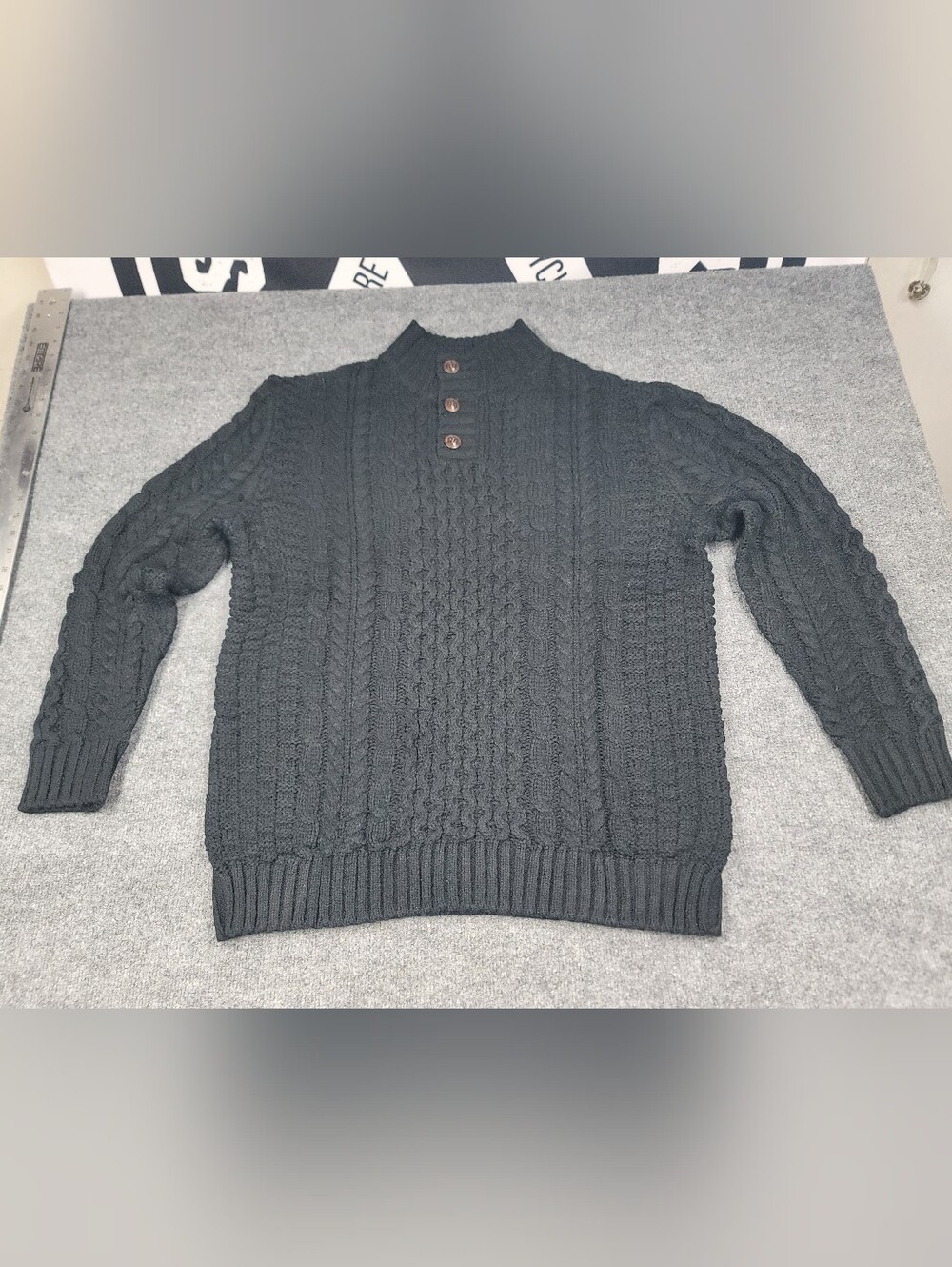 Bold Black Cable Knit Mens Sweater Size XL/2XL Mock Neck Heavy Knit Warm